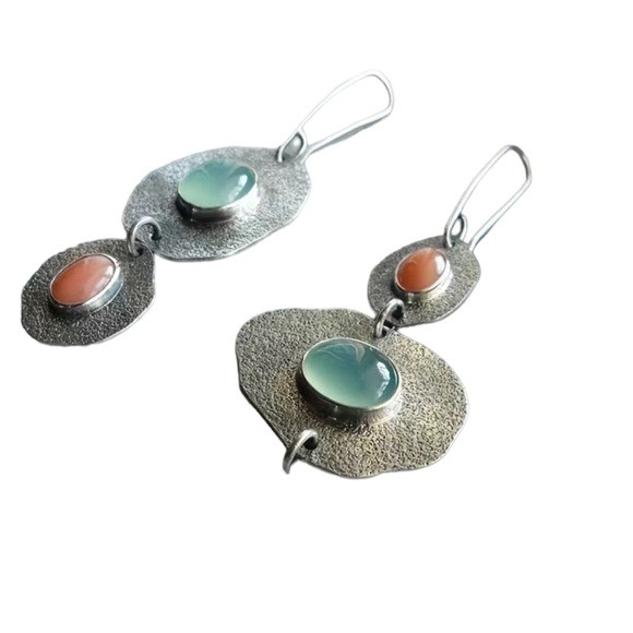 Boho Silver Asymmetrical with Stone Drop Earrings - Picture 3 of 3
